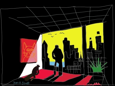 DUCOTE; City Life with Cat ; limited edition (10) digital painting; #1 measuring 42" x 36" ; #2 measuring 20"x 15", #4 measuring 18" x 24" SOLD