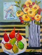 DUCOTE, Still Life with 7 Pears, acrylic and collage on wood panel, 16 x 12 SOLD