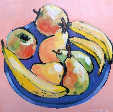 DUCOTE; Still Life with Blue Bowl; acrylic on canvas, framed; 16x16" available
