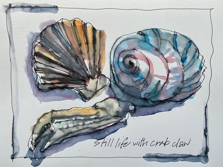 DUCOTE, Still Life with Crab Claw, ink and watercolour, 6 x 8 SOLD