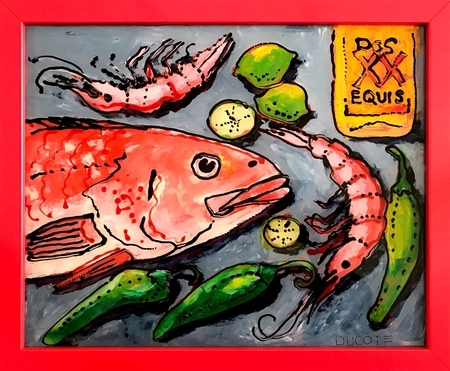 DUCOTE; Still Life with Huachinango, reverse painted in oil on glass SOLD