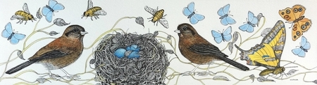 TAYLOR; In Praise of the Pollinators; ink and w/c on paper, mounted on wooden cradle, finished with resin, 4 x 15" SOLD