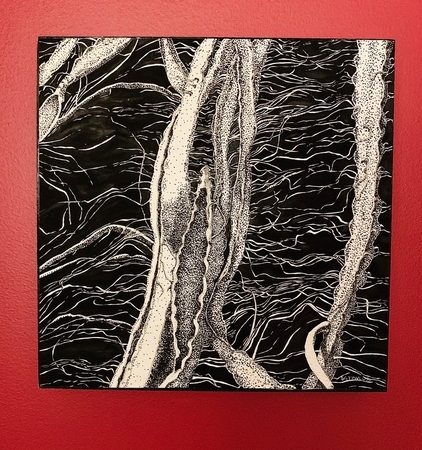 TAYLOR, Rooted #1, ink and gouache on paper mounted on cradled wood panel, 10 x 10 available at 10 x 10 Exhibit, The Gallery at Hope Bay February 2021