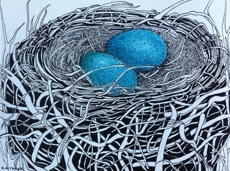 TAYLOR; Small Nest #10: An Aerie; ink drawing on paper with w/c staining, mounted on wooden cradle, finished with resin; 3"x4" SOLD