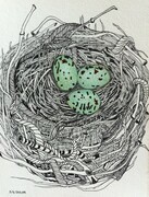 TAYLOR; Small Nest #4; She Was Diligent in Recycling Her Finds; ink drawing on paper with w/c, on wooden cradle, finished with resin; 4"x3" SOLD