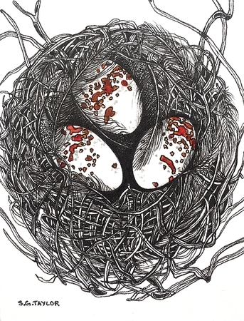 TAYLOR; ; Small Nest: Amidst Chaos, She Made Order; ink drawing on paper mounted on wooden cradle, finished with resin; 4" x 3" Available at Tal isman Books and Gallery through December 2017 SOLD