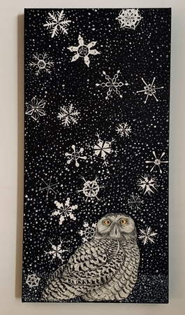 TAYLOR, Snowy Owl in a Blizzard, ink and acrylic drawing on paper/canvas, 24" x 12" SOLD